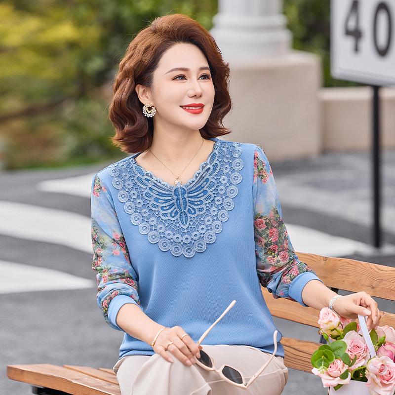 

Stylish Spring Outfit: Printed Slimming Long-Sleeved Top for Middle-Aged and Elderly Women, Plus Size Available 4XL (Recommend 135-145 jin) синий