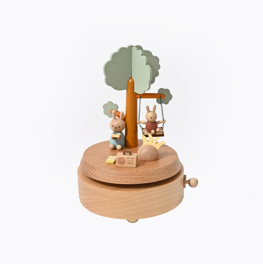 Personalized Text, Enchanting Wooden Swing Rabbit Music Box Handcrafted Animal-Themed Desktop Decor with Rotating Base, Perfect Gift for Christmas,