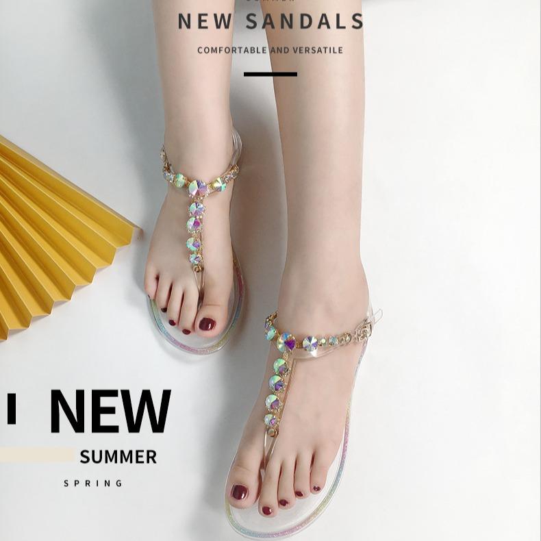 Damen durchsichtige Jelly-Sandalen – Kristallverzierung PVC flache Strand-Pantoletten, rutschfeste Freizeitschuhe