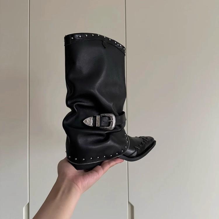 

Cowhide version~ flame pattern design knight boots 2025 pointed thick heel Martin boots rivet chain design stacking boots 40 чёрный