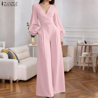 Tute Eleganti da Donna con Scollo a V, Manica Lunga Casual, Gamba Larga
