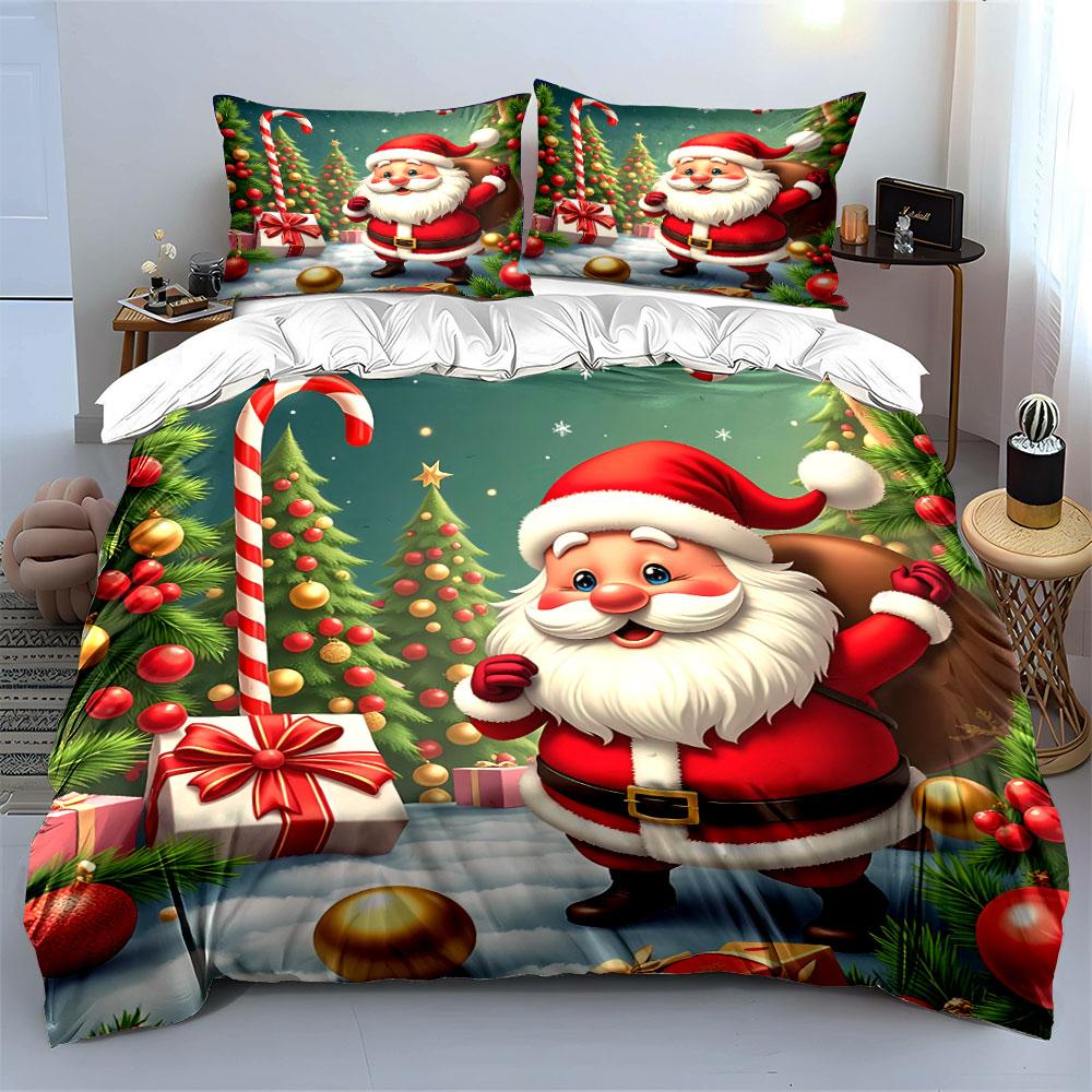 Santa Claus and Christmas Trees Bedding Duvet Cover Set Duvet Cover Pillowcases (1*Duvet Cover 2*Pillowcases, Without Duvet Insert)