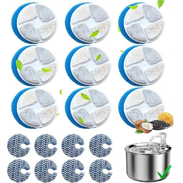 9 Set Cat Water Fountain Filter, Cat Fountain Filter Replacement for 2L/67oz Round Stainless Steel Pet Water Fountain, 3 Triple Filtration System 9 Set Cat Fountain Filter