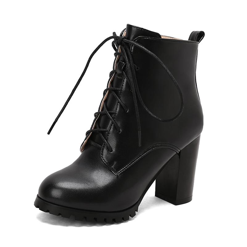 ANNYMOLI Women Ankle Boots Pointed Toe Block High Heels Lace-up Zipper Short Boots Ladies Fashion Shoes Autumn Winter 46