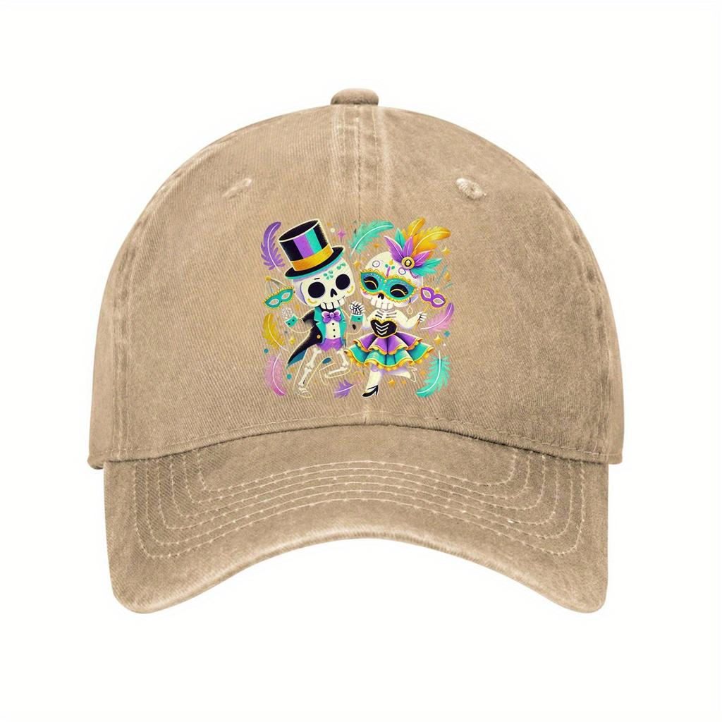 Mardi Gras Skeleton Couple Dancing Baseball Cap Adjustable Cotton Dad Hat Festive Graphic Casual Unisex Cap