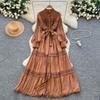 Retro court style lantern sleeve dress women's summer hollow crochet single-breasted light mature temperament royal sister long skirt