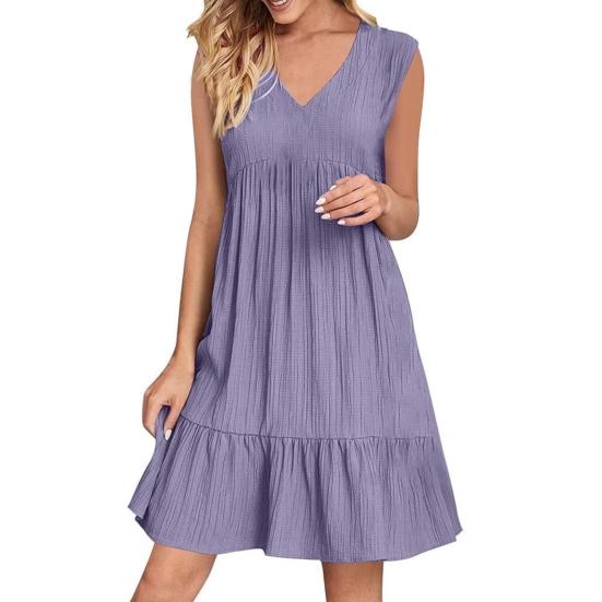 Summer Cotton Linen Dress for Women Casual Sleeveless V Neck Mini Tank Dress Tiered A-line Flowy Beach Sundress