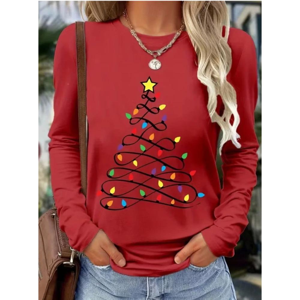 Tops for Women Christmas print Round Neck Long Sleeve T-shirt Fall Casual Slim Pullover Women's Long Sleeve Top