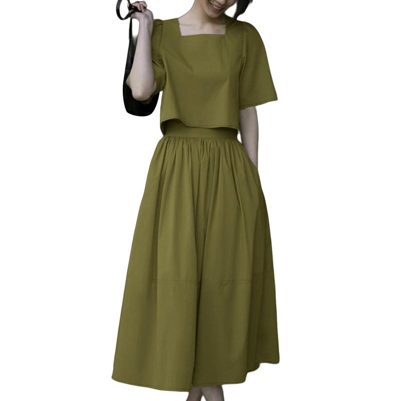 

ZANZEA Женский комплект из блузки с коротким рукавом и брюк с широкими штанинами, летний костюм-двойка S зелёный