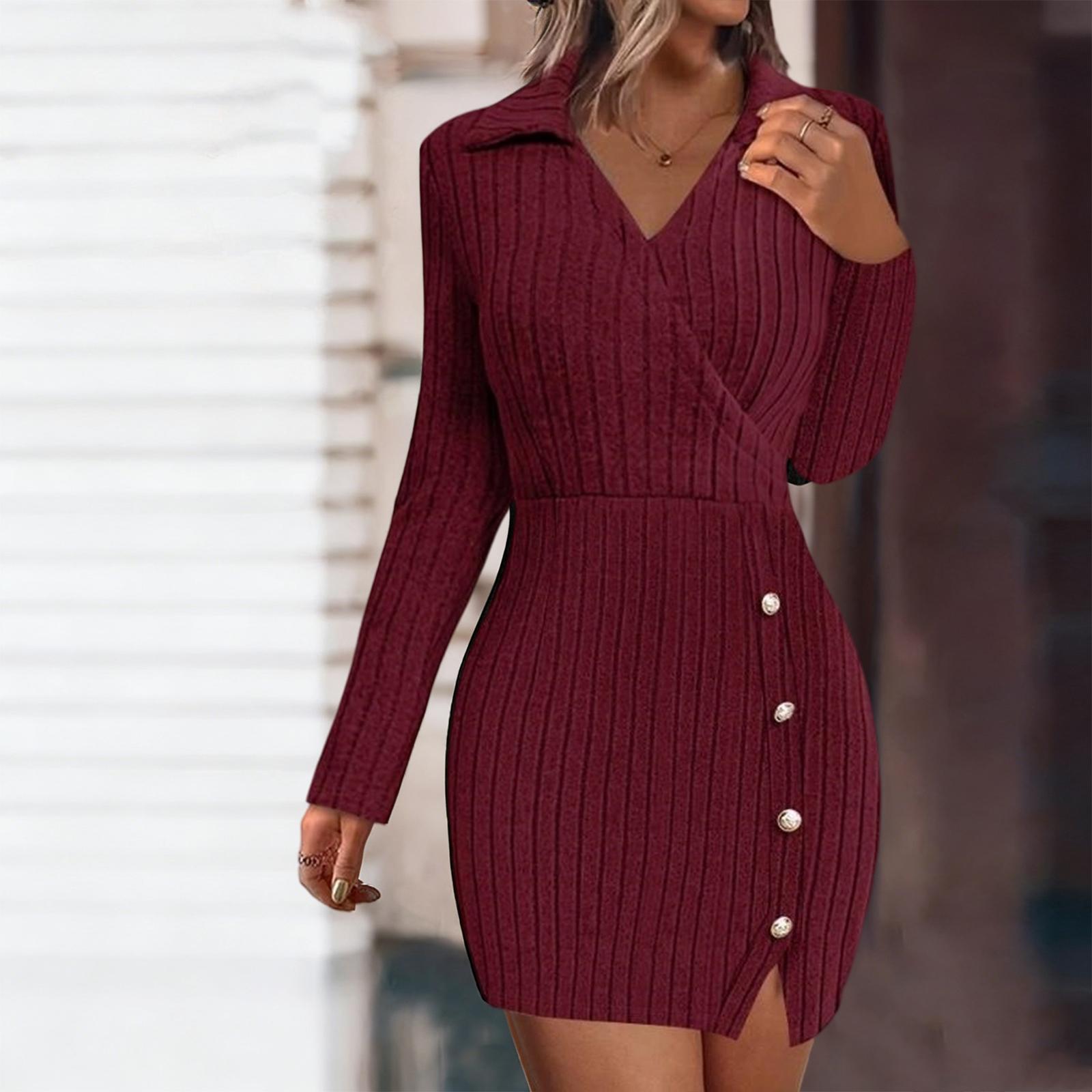 

Ladies Fashionable Casual Knitted Solid Color V-neck Long Sleeved Dress XL