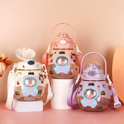 Cartoon Bear Large Capacity Children's Plastic Cup Good-looking Outdoor Portable Big Belly Cup Bounce Strap Cup with Straw