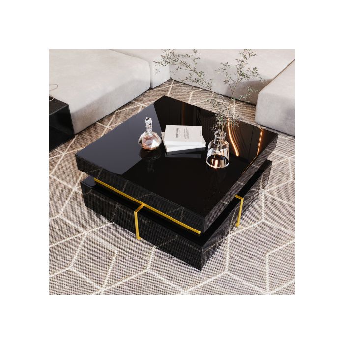 Table basse - MUVOE - Haute brillance - 2 tiroirs - Accents dorés - Design contemporain