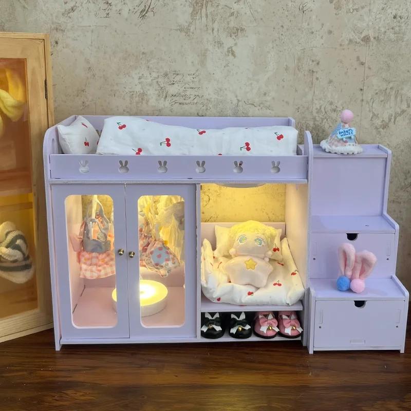 Mini Doll Furniture Bedroom Children Play House Double Bed Wooden Fabric Bed OB11 BJD Doll