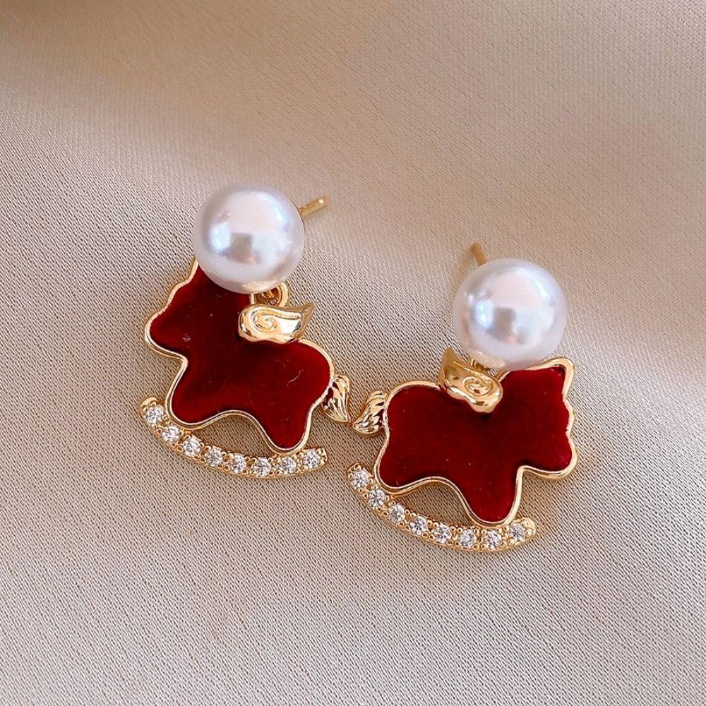 Red Zircon Horse Earrings Wing Rocking Horse Earrings Temperament Animal Earrings New Year