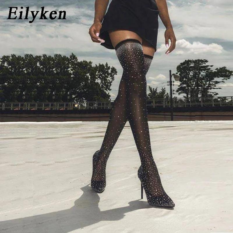 Fashion Eilyken Design Fashion Pointed Toe Bling Over Knee Boots Crystal Women Thigh High Heel Sexy Club Sock Long Botas Mujer