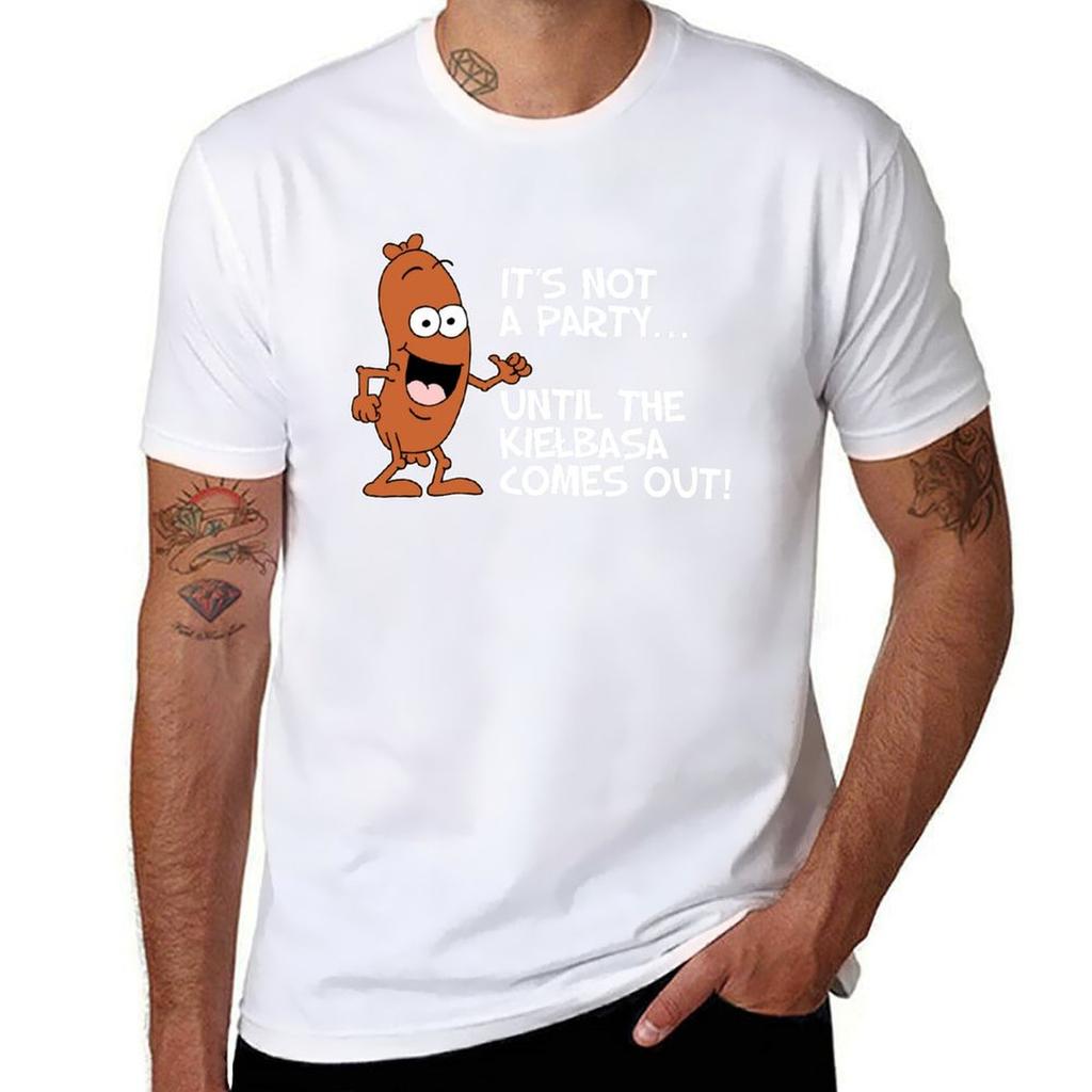 Its Not A Party Until The Kielbasa Comes Out Polish Cartoon Tshirt Basic Crew Neck Short Sleeve Top