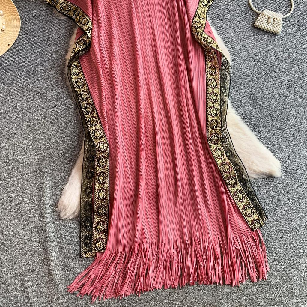 Schwarz Gold Spitzenbesatz Kaftan Abaya Damen V-Ausschnitt Fledermausärmel Quasten Saum Plissiert Lang Maxikleid Islamisch Dezent Lässig Robe