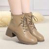4.5cm British Style Black Soft Leather Boots Women's Square Heels Shoes Fall Winter 2025 Med Heeled Short Fur Ankle Boots Mom