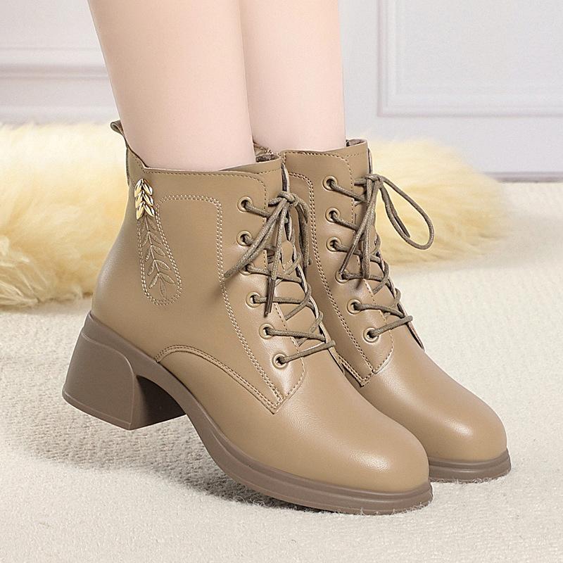 4.5cm British Style Black Soft Leather Boots Women's Square Heels Shoes Fall Winter 2025 Med Heeled Short Fur Ankle Boots Mom