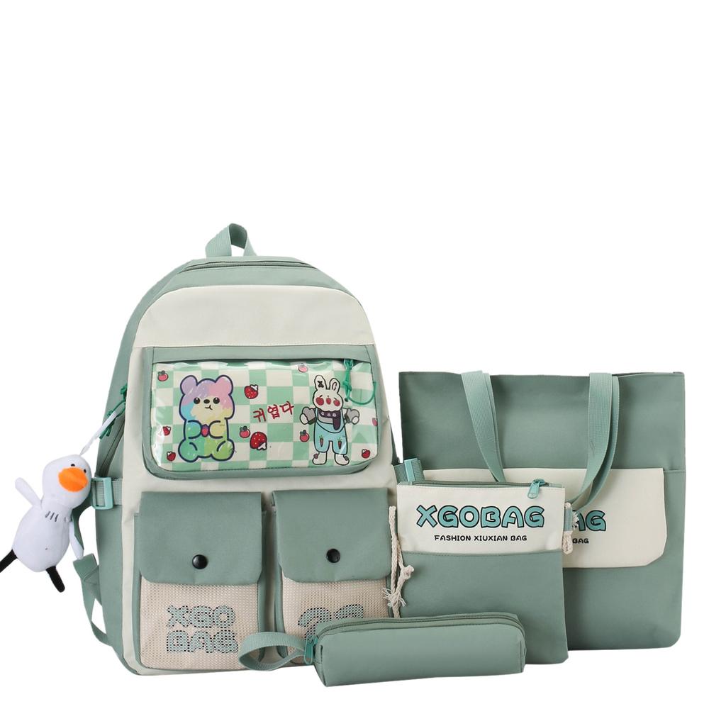 School bag, women's backpack, four-piece set, junior high school student backpack, campus college backpack.