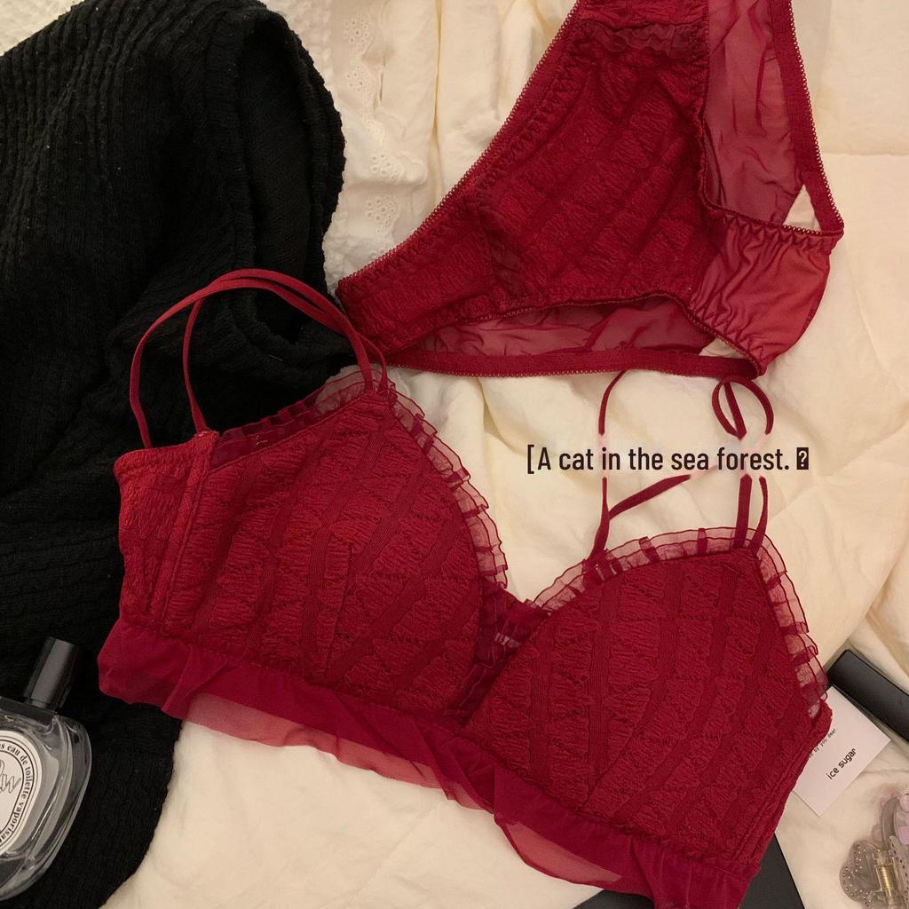 Women's Red Rabbit Year Lucky Sexy Wireless Bridal Bra Set - Gathered Bust