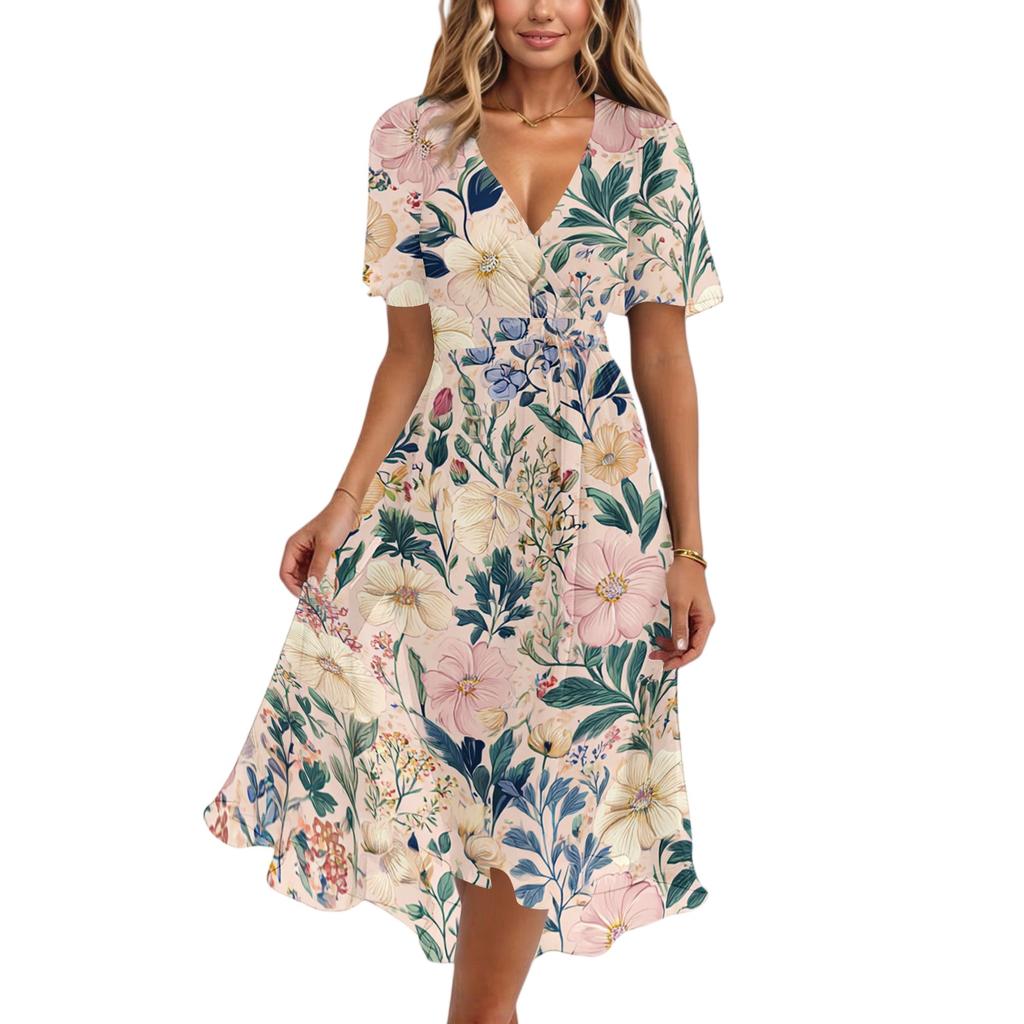Damen Lässiges V-Ausschnitt Kurzarm Blumenprint Midi-Kleid Leichtes Sommerkleid mit A-Linien-Rock für den täglichen Gebrauch
