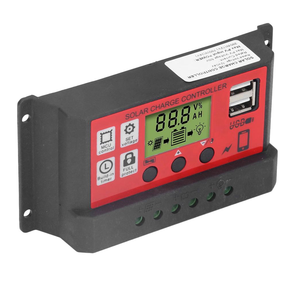 Solar Charge Controller Adjustable Solar Panel Battery Intelligent Regulator with LCD Display 12V