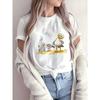 T-shirt Casual da Donna a Maniche Corte con Girocollo Nero Stampa Giocosa di Gabbiani Cartone Animato Scena Balneare Top con Maniche