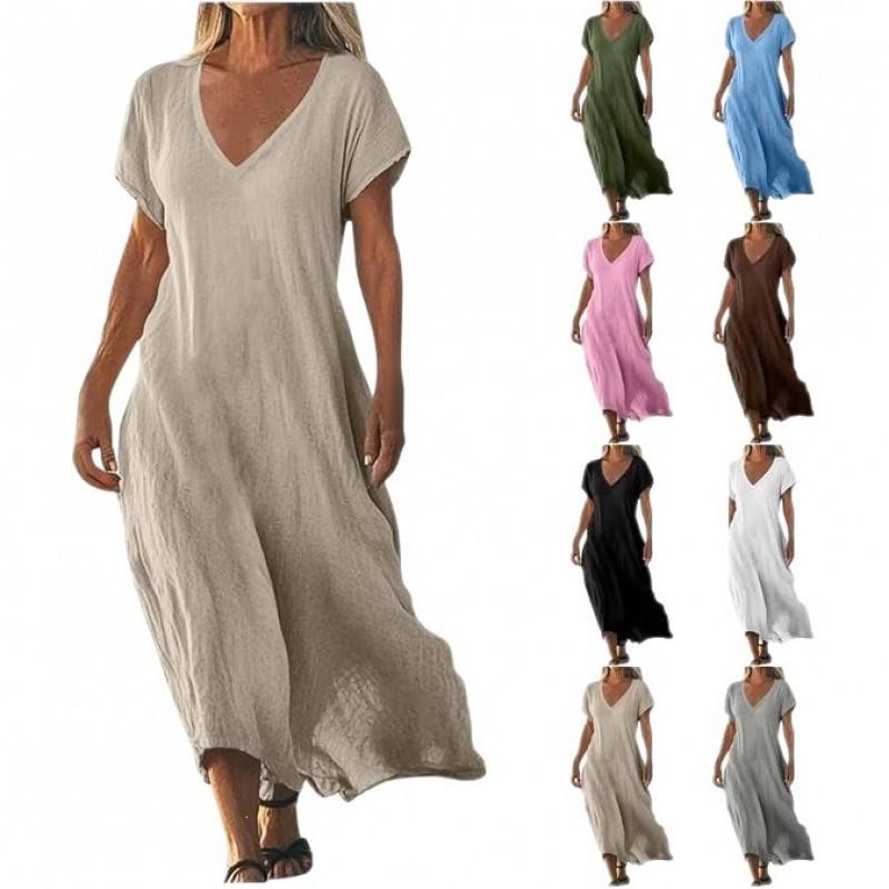 2026 Cotton Linen Midi Dress Women Loose V-Neck A-Line Sleeveless Elegant Casual Long Office Travel Beach