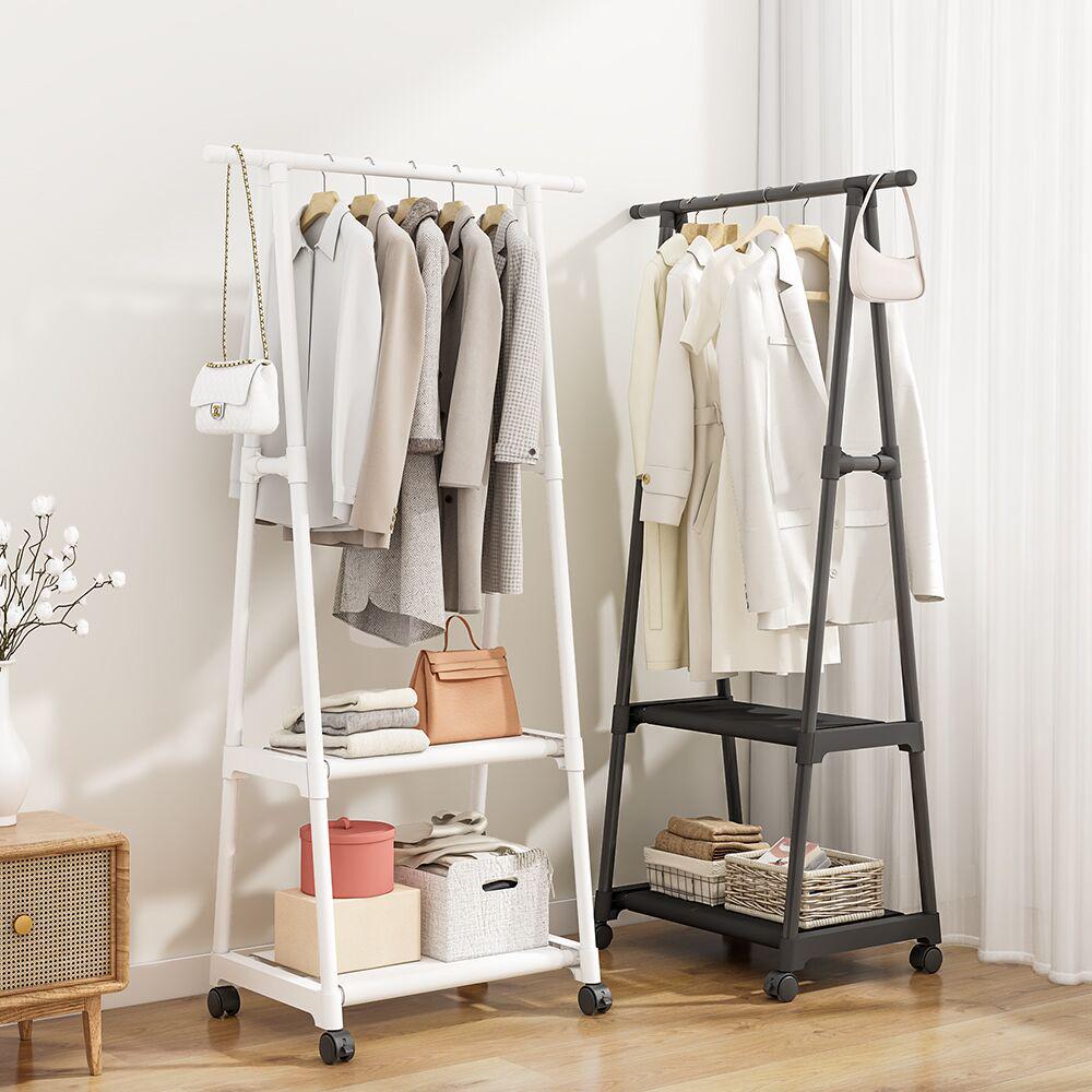 Mobile Floor-Standing Triangle Coat Rack with Wheels and Multi-Layer Storage for Clothes and Drying