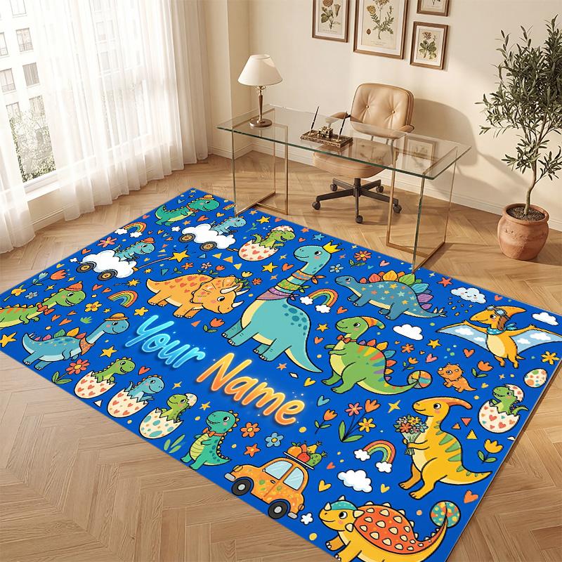 Dinosaur Theme Soft Crystal Velvet Rug Custom Name & Text Print Non Slip Floor Rug for Bedroom Living Room