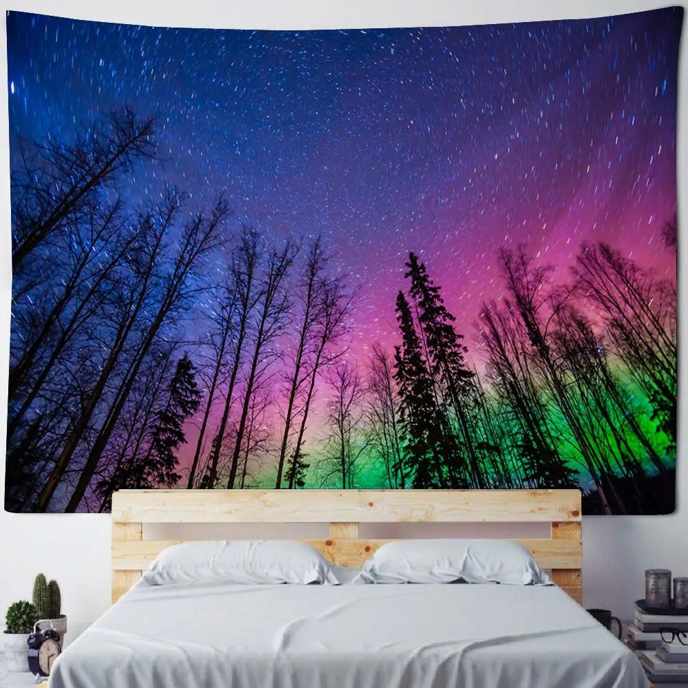 Background poster starry sky oil painting tapestry forest night fabric mural bohemian hippie home decoration wall hanging cloth