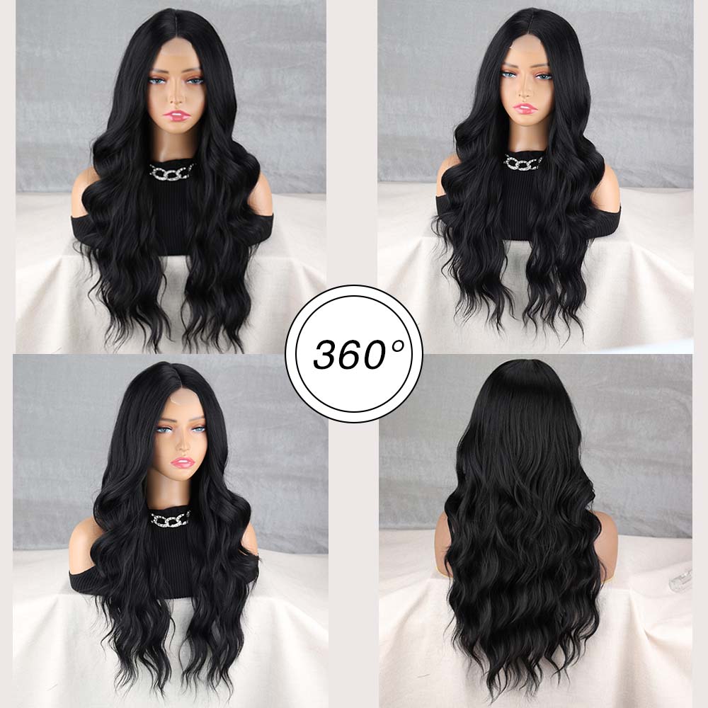 MISS WIG Long Black Wavy Wig for Women Middle Part Curly Wavy Wig Natural Looking Synthetic Heat Resistant Fiber Wig for Daily Party Use