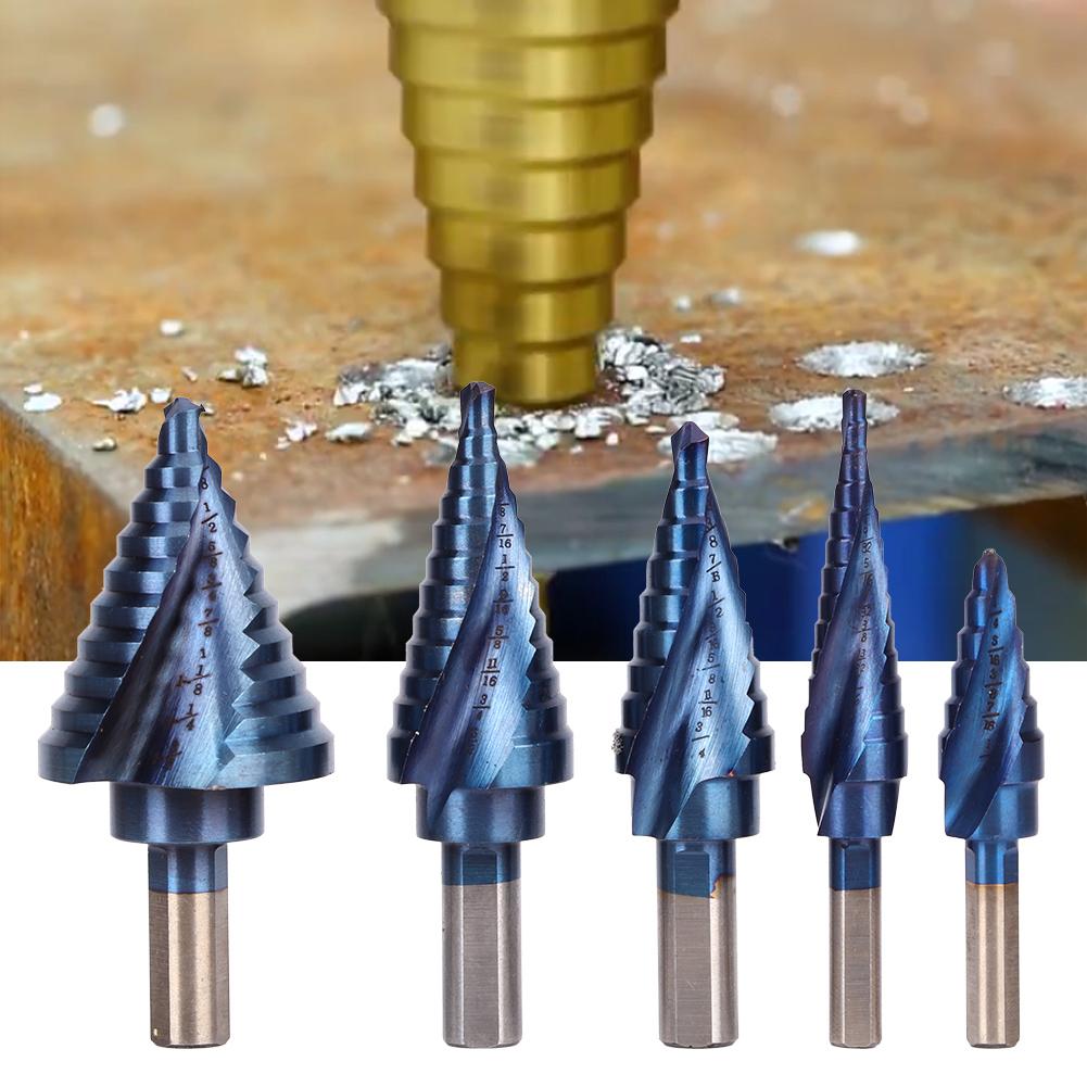 Set de burghie în trepte cu 5 bucăți, tijă triunghiulară, canelură spiralată, placare, debavurare, scule de teşire
