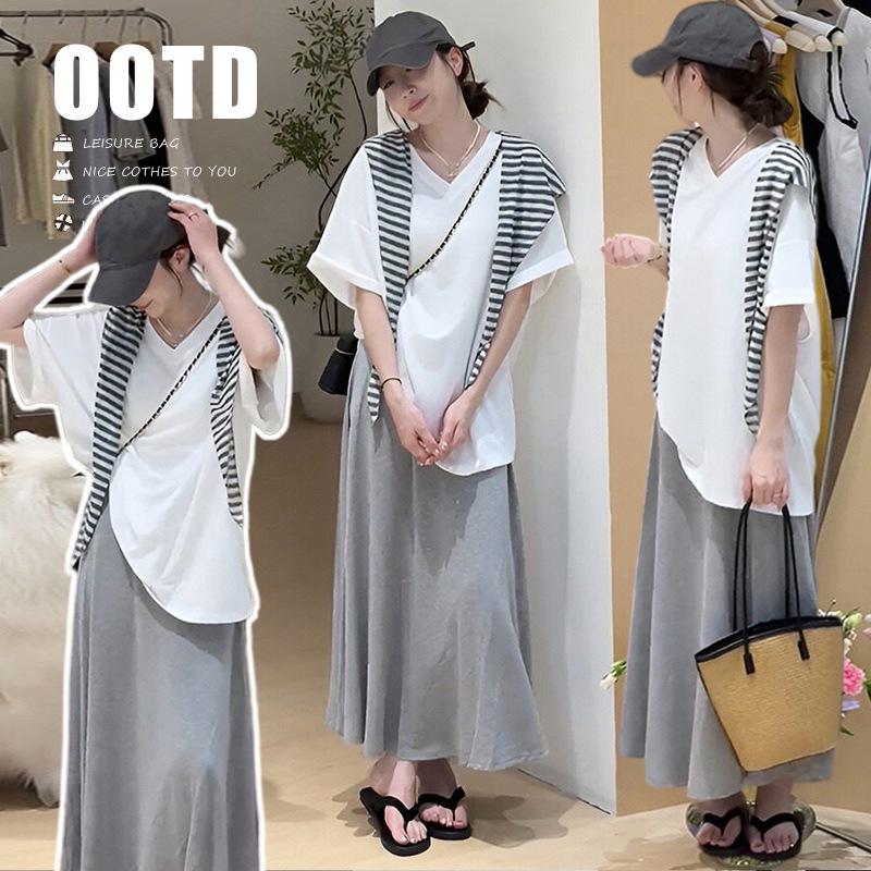Stylish 2026 Summer Maternity Dress & T-Shirt Set - Slimming French Sleeveless/Short-Sleeved, Conceals Pregnancy M