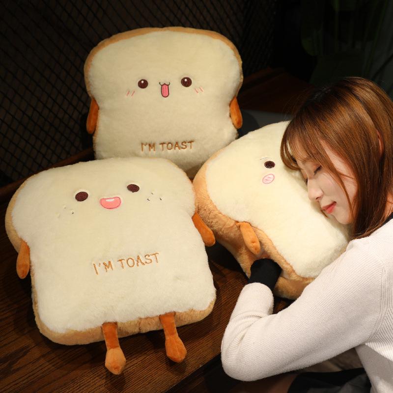 Plush Rabbit Fur Hand Warmer & Pillow - Cute Toast Bread Design