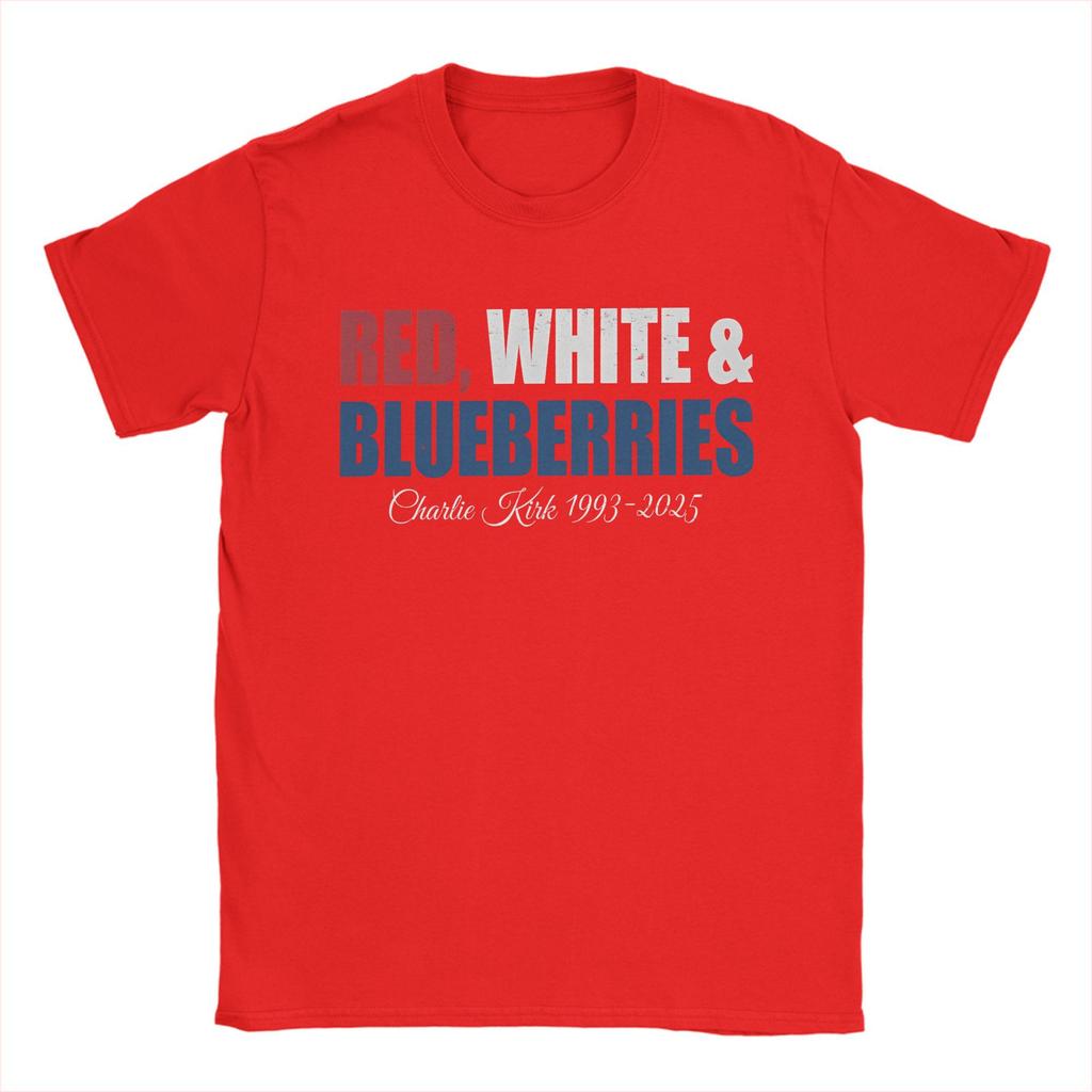 Red White & Blueberries Charlie Kirk Men T Shirt 2025 Memorial Freedom Tees Short Sleeve Round Collar T-Shirt Cotton Gift merch