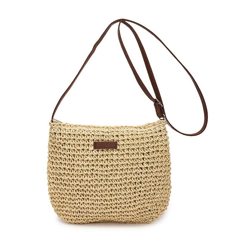 Large Capacity Straw Shoulder Bag With Zipper New Handmade Woven Bag Versatile Crossbody Bag For Women Vacation Beach Bag