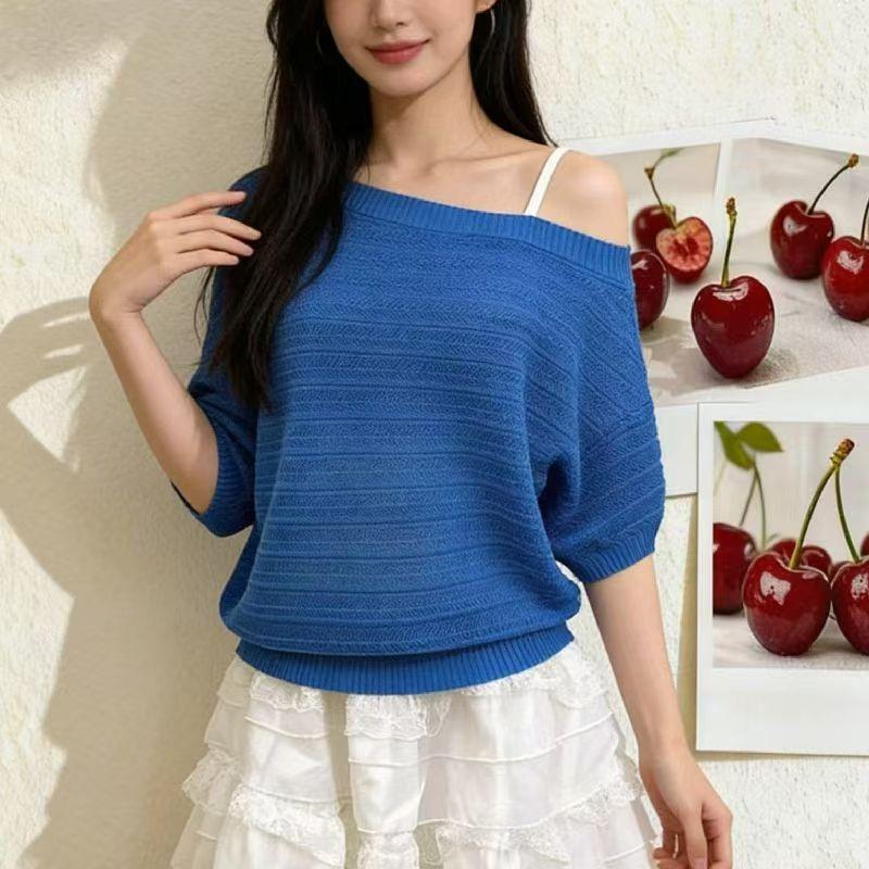 

New Style Summer Out Solid Loose All Match Batwing Sleeve Thin Knitted Pullovers Loose-fitting, Stylish Top One Size