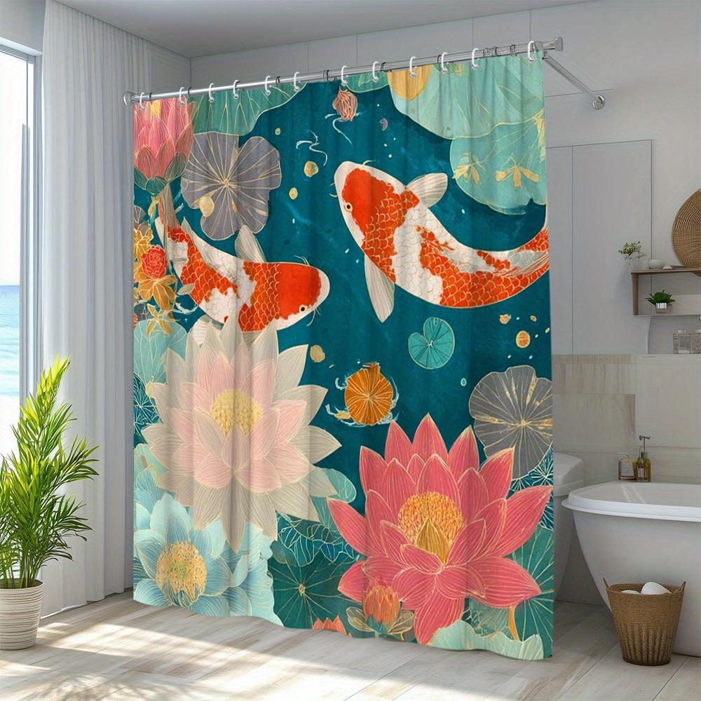 1pc for Lotus Koi Pattern Shower Curtain, Bright Colors, Natural Scenery, Add Artistic Atmosphere, Suitable for Bathtub Partitio