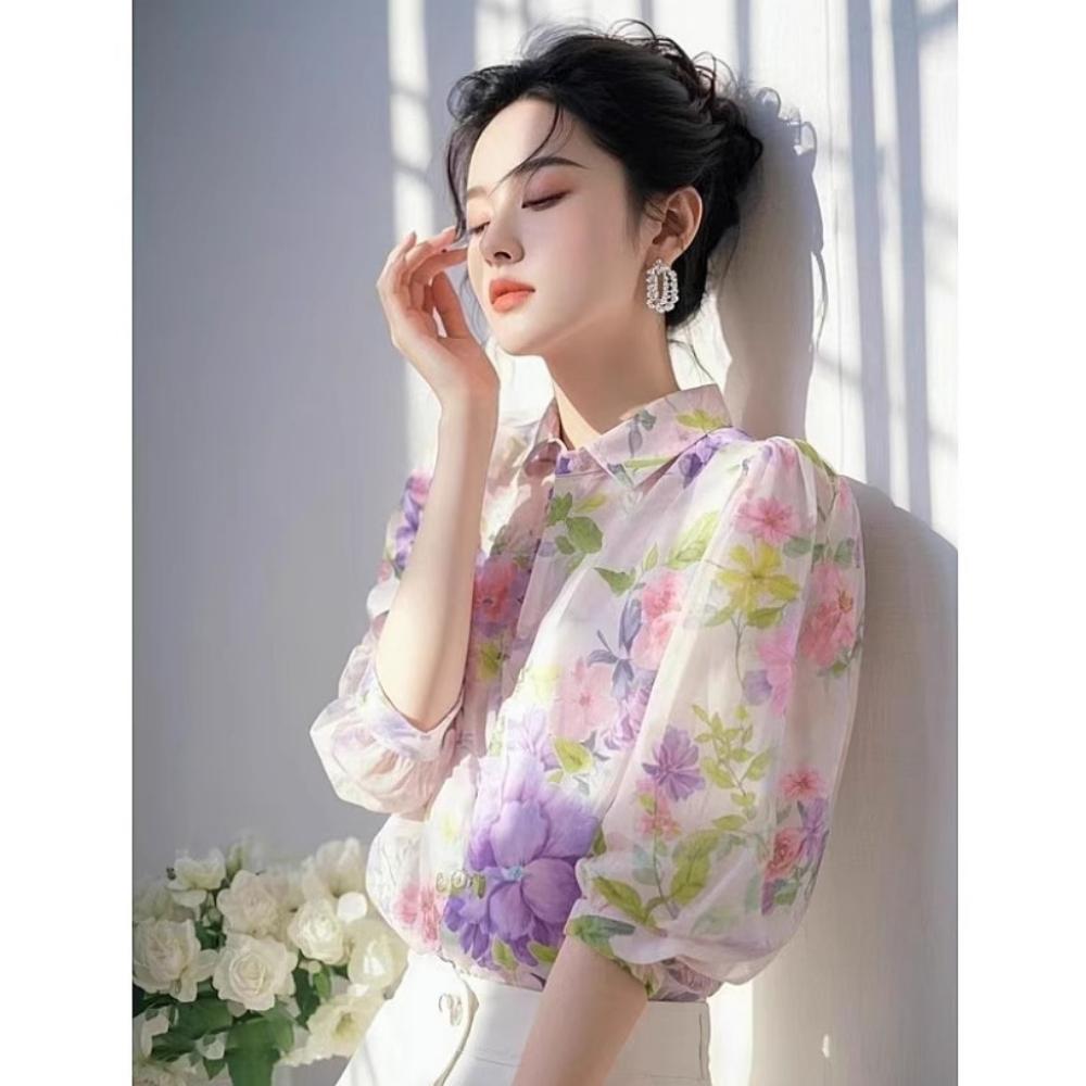 Elegant French-style Beautiful Purple Floral Chiffon Blouse for Women 2025 Blouse