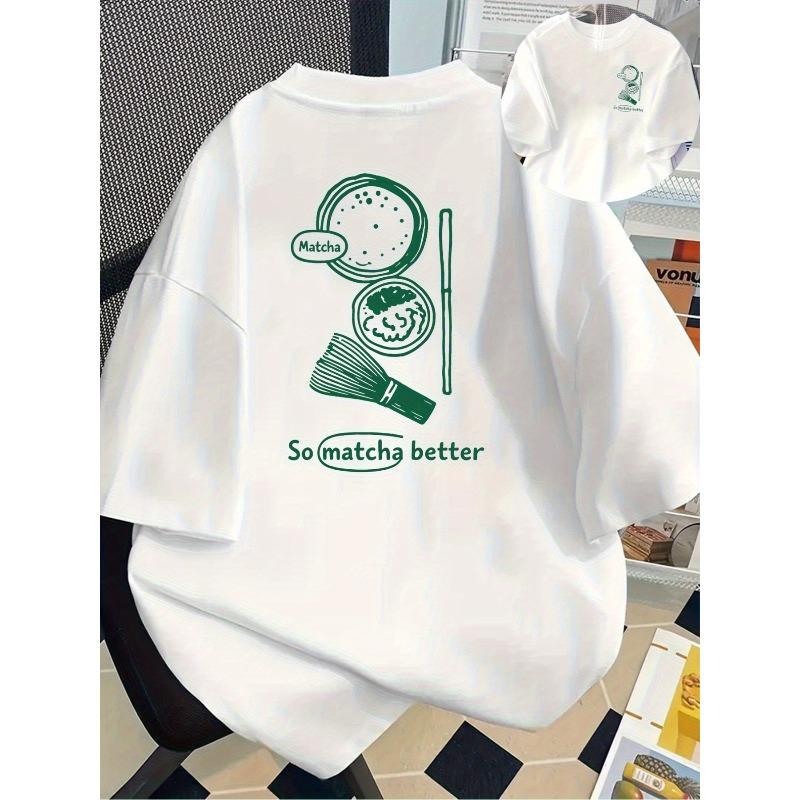 

WomenS Matcha Powder Graphic Sleeve Top Casual Crew Neck Essential Green with Black Harajuku Oversized T Shirt Y2k Clothes S