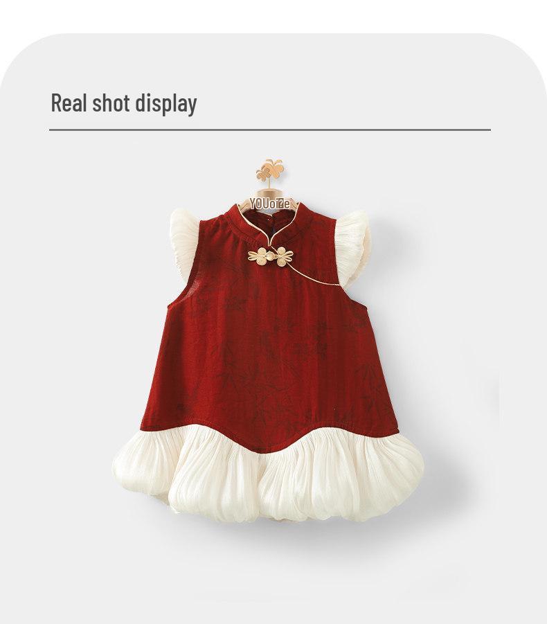 Youqi Chinese Style Baby Princess Summer Dress, 100-Day Celebration Red Gauze Gown