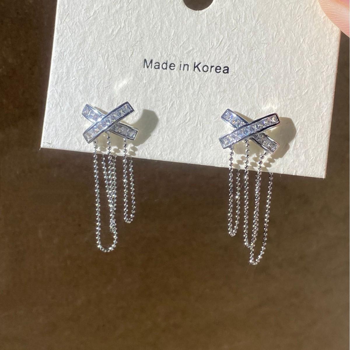 French Zirconia Tassel Cross Stud Earrings – Versatile, Unique Design for Women