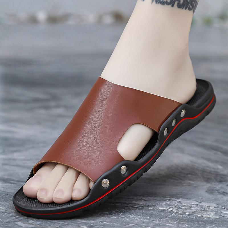 Sandals Mens Leather Classic Summer Men Slippers Soft Black Slippers PU Leather Slippers Lightweight EVA Slides for Men