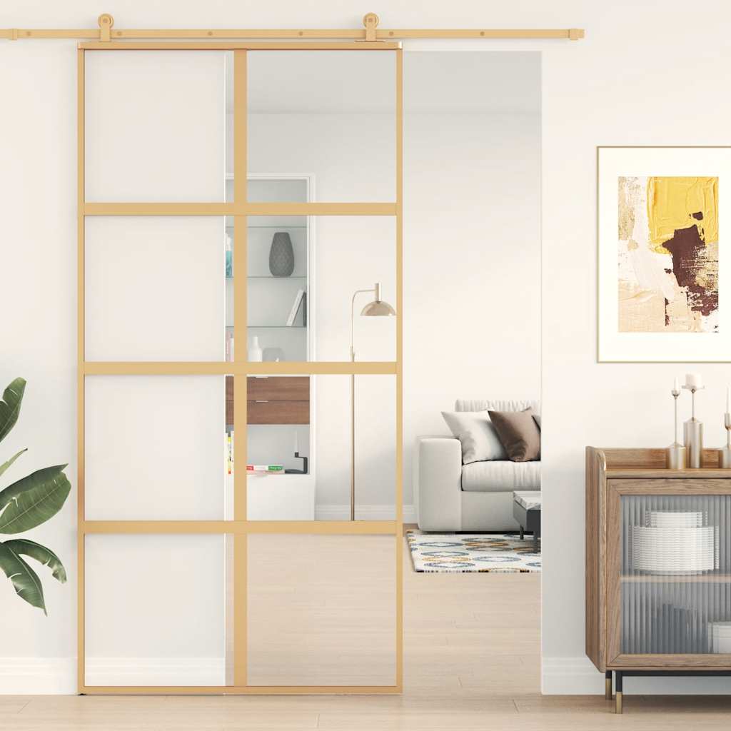 Sliding Door Gold 102.5x205 Cm Clear Tempered Glass and Aluminium
