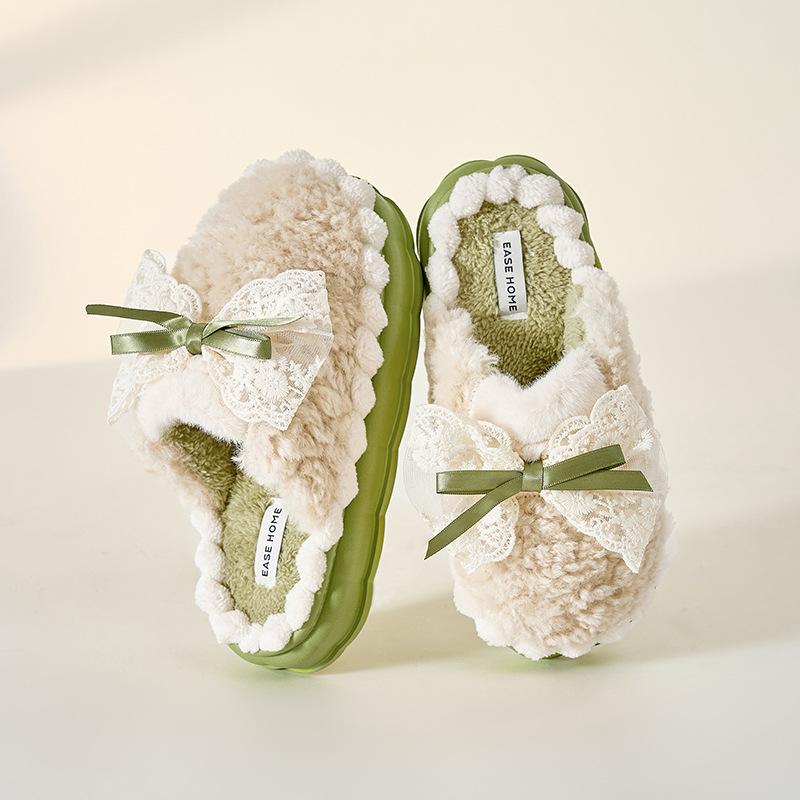 Bow cotton slippers female cute autumn and winter new home warm thick bottom ladies couple household fluffy slippers