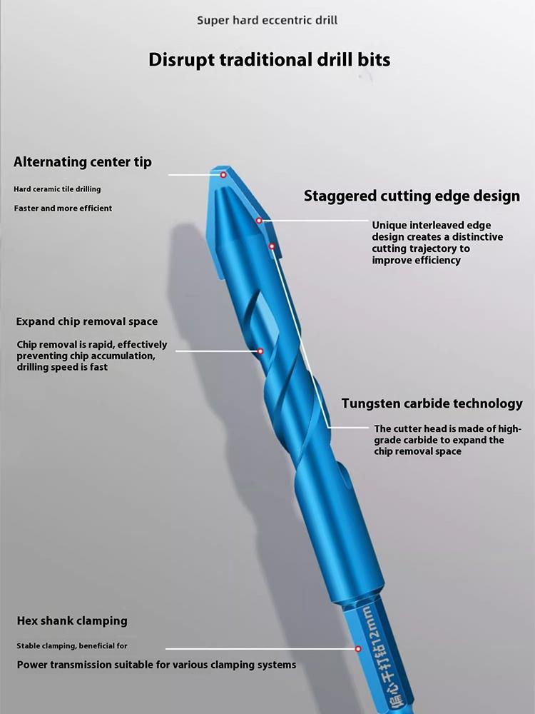 Eccentric Twist Drill Bit 6/8/10/12mm Skewed Head Drill Bit Set High-Hardness Skew Head Eccentric Drill Bit for Glass Tile Wood