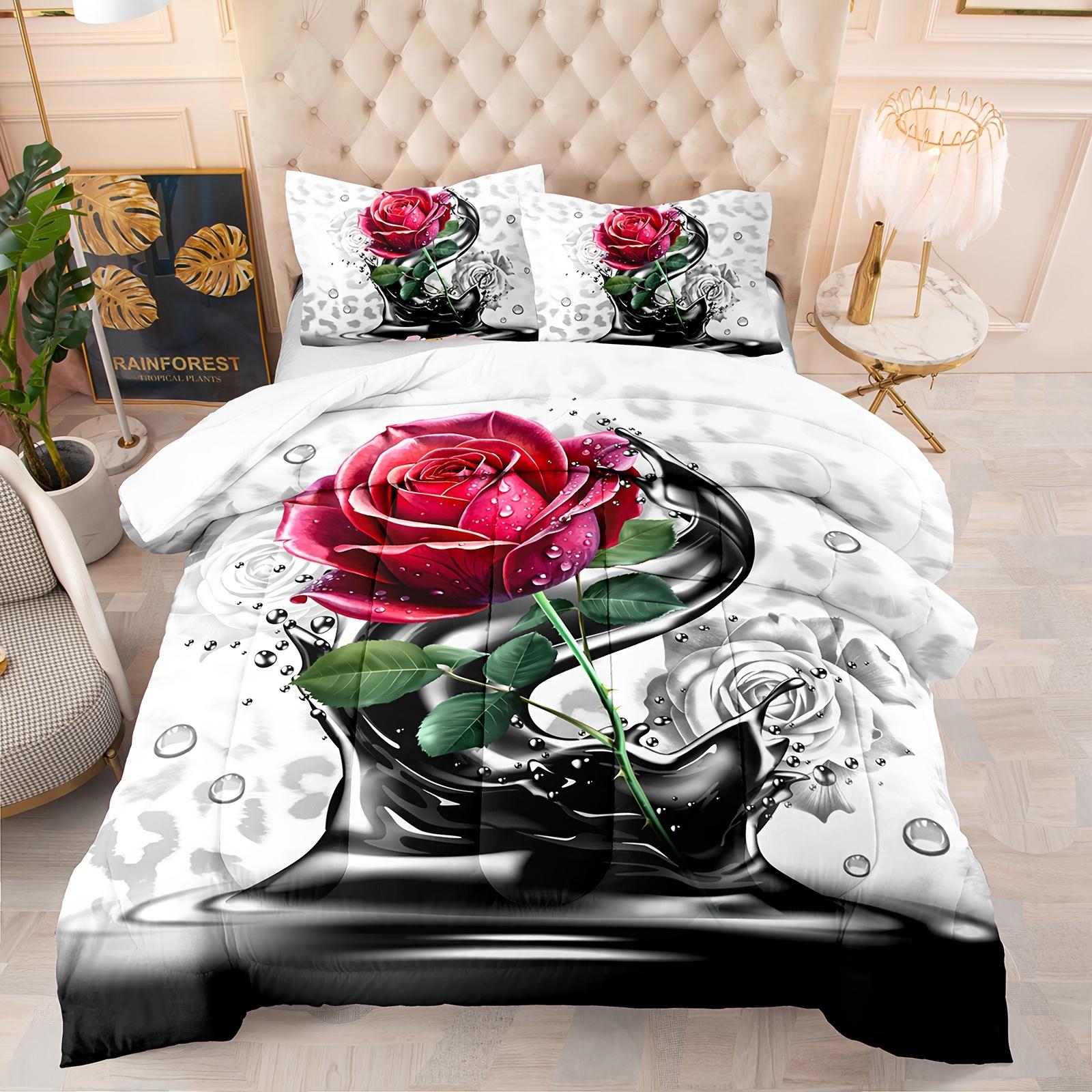 

3D Red Rose Comforter Set For Women Leopard Bedding Set For Couple Adults Blossom Flowers Quilt Set Chic Romantic Elegant Floral EU Twin(135x200cm)