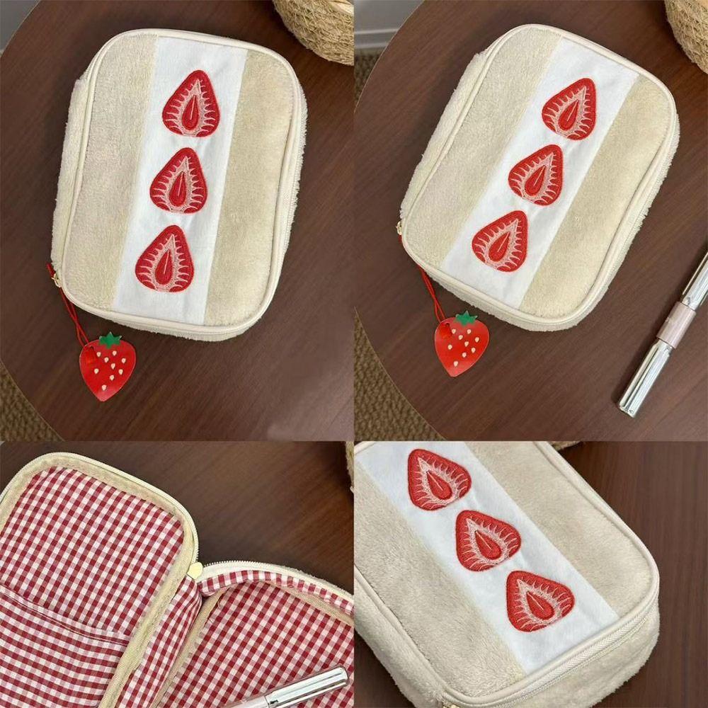 Kawaii Fuzzy Pen Bag Cute Embroidered Multi-functional Makeup Bag Strawberry Sandwich Stationery Pouch Studennts
